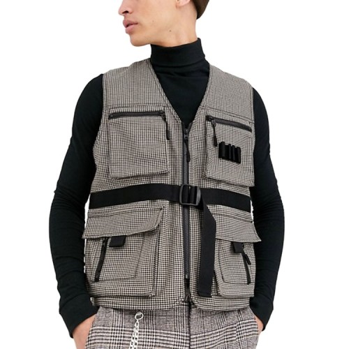 Custom design mens plaid utility regular fit functional pocket zipper fly cargo gilet vest