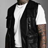 HOT SELL wholesale custom high quality mens fuax leather vest with utility cargo pockets