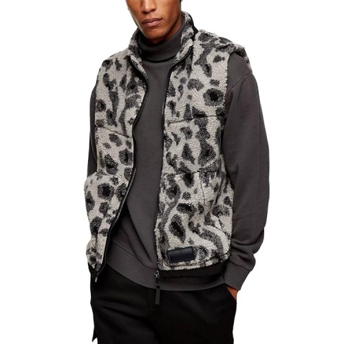 Wholesale men zip grey animal print sleeveless fleece borg gilet vest