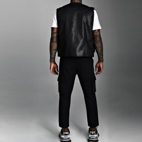 HOT SELL wholesale custom high quality mens fuax leather vest with utility cargo pockets