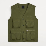 Khaki green cotton canvas utility men vest v-neck  with pockets