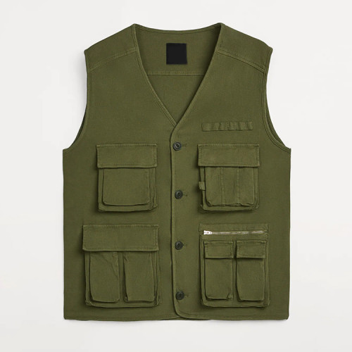 Khaki green cotton canvas utility men vest v-neck  with pockets