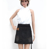 Customized Logo Black Denim Cotton Apron Woman Kitchen Work Half Waist Apron