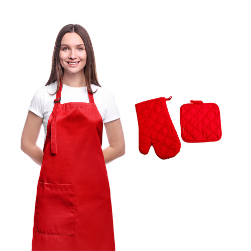 Recycled Cotton Infill Red Cooking Baking Grilling BBQ Tool Set With Apron Oven Mitts And Pot Holders Sets