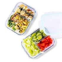 34 ounce Microwavable Airtight Glass Meal Prep food container glass bento lunch box with 3 compartment