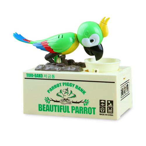 Good quality plastic EN71 test green bird children atm saving box toys parrot eat coin diy piggy bank for sale