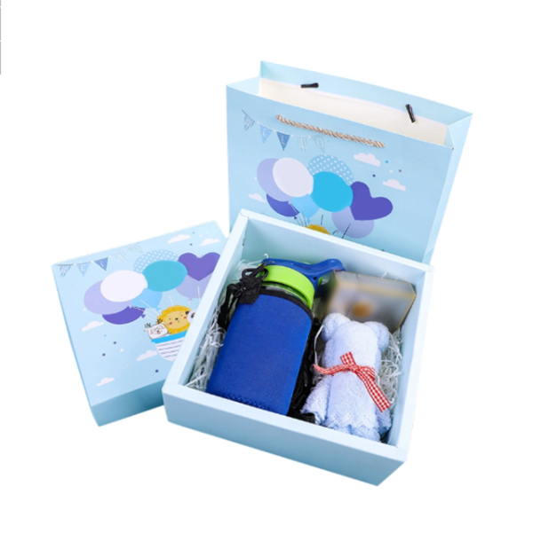 Lovely pink color full printing kids gift bottle set packing box with bag