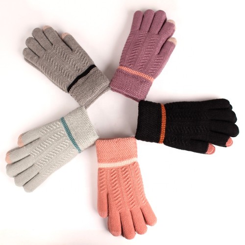 Gloves Wool Feeling Knitted Woman Plain Winter Acrylic Spandex Gloves with Stripe Pattern