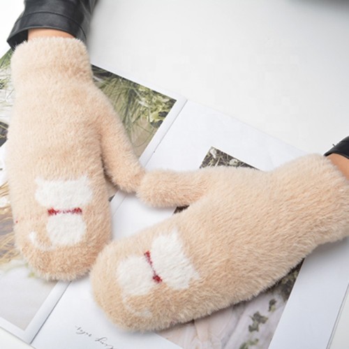 Wholesale Womens Winter Gloves Knitted Fleece Mittens with Cat design