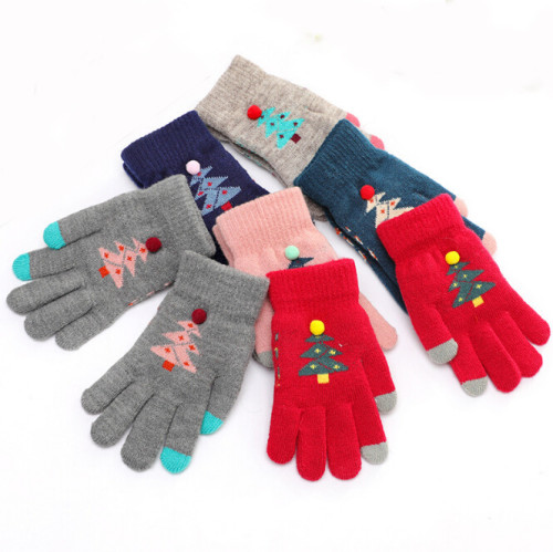 Winter Touch Screen Gloves  Kids Knit Mittens Wool Full Finger  children thick X-MAS christmas tree gloves