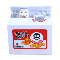 Hallowmas gift plastic battery operated mischief skull piggy bank stealing coin money collecting box piggy bank kids