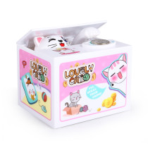 plastic loving cartoon battery operated stealing white cat save alcancias collector coin box piggy bank for girls