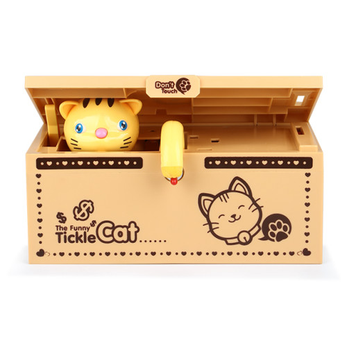 Funny decoration plastic don't touch me yellow cat coin bank magic tricks toy cute saving useless box