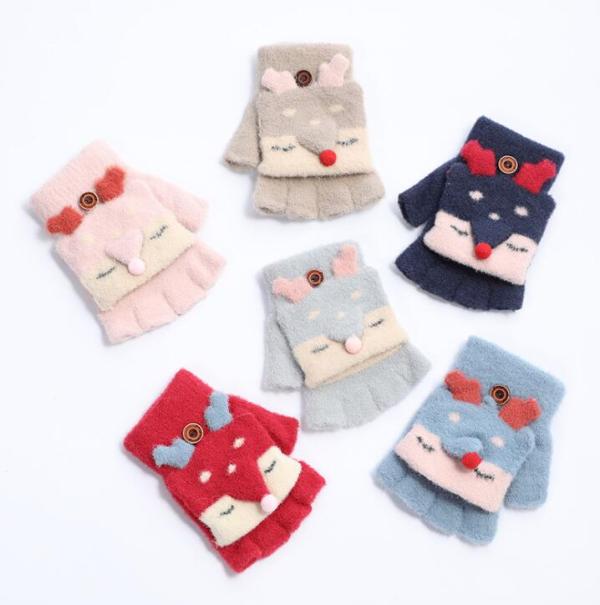3D cute Kids Fingerless Mittens Convertible Flip Top Gloves super Soft Knitted Gloves