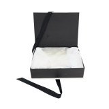 Luxury Flat Pack Folding Cardboard Paper Box Ribbon Closures Book Shaped Black Packaging Gift Boxes With Magnetic Lid