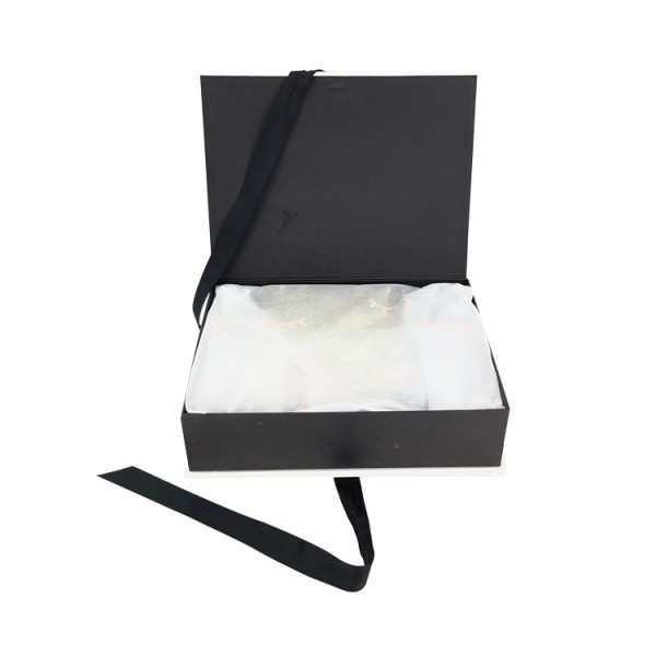 Luxury Flat Pack Folding Cardboard Paper Box Ribbon Closures Book Shaped Black Packaging Gift Boxes With Magnetic Lid