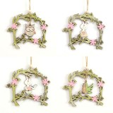 Happy Easter Rabbit Chicken Owl Shape with Flower Rattan Pendant Wooden Hanging Wall Door Decoration Crafts