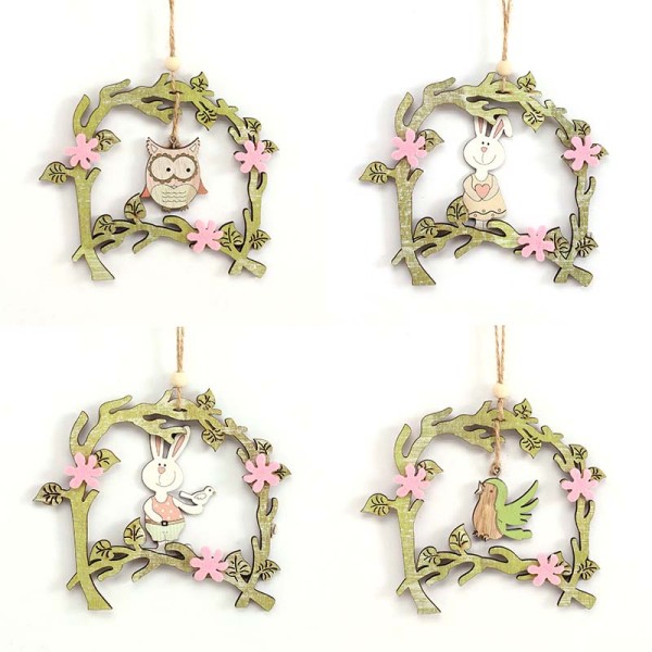 Happy Easter Rabbit Chicken Owl Shape with Flower Rattan Pendant Wooden Hanging Wall Door Decoration Crafts