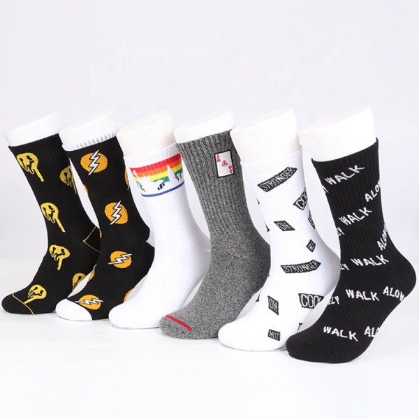 Custom Print No Minimum Order Logo Cotton Oem Design Printed Fashion Hip Hop Customized Crew Men's Socks