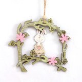 Happy Easter Rabbit Chicken Owl Shape with Flower Rattan Pendant Wooden Hanging Wall Door Decoration Crafts