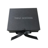 Luxury Flat Pack Folding Cardboard Paper Box Ribbon Closures Book Shaped Black Packaging Gift Boxes With Magnetic Lid