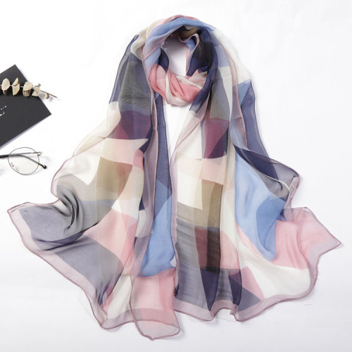 Hot Sale Customized Printing Silk Scarf Polychromatic Plaid Silk Scarf Women