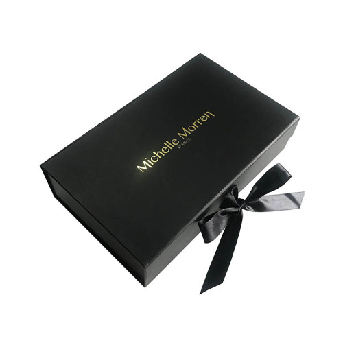 Black color with custom gold logo lingerie storage magnet box with ribbon