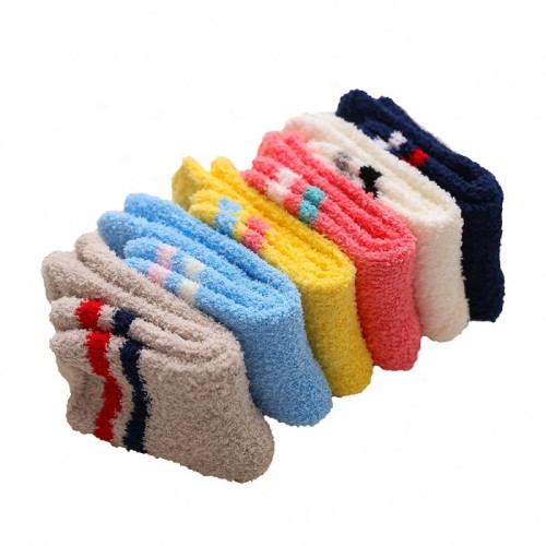 Popular Women Colored Striped Coral Fleece Plush Thick Warm Fuzzy Socks