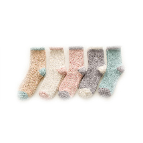 Autumn New Color Matching Thick Coral Fleece Women  Half Fleece Home Floor  Warm Confinement  Fuzzy  Socks