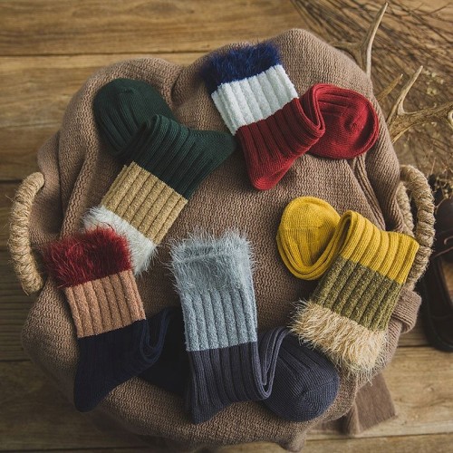 Hot Selling Women Wild Color Spliced Striped Thermal Cotton Terry Socks