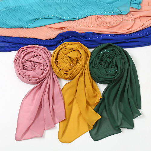 Summer Pearl Chiffon Scarf Islamic Headdress Pleated Female Women Hijab Pleated Beads Muslim Scarf