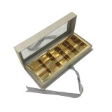 Textured beige color hot foil logo gold chocolate box, gold gift ribbon closure PVC window packing box