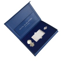 Luxury Navy Blue Hot Stamping Logo PU Soft Leather USB Gift Set Packing Box