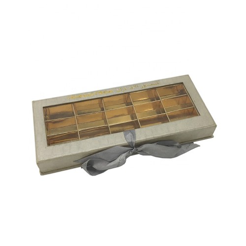 Textured beige color hot foil logo gold chocolate box, gold gift ribbon closure PVC window packing box