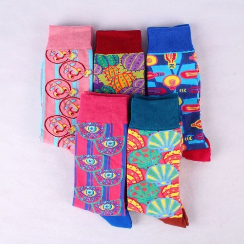 Custom Funny Jacquard Colorful Image Cotton High Elastic Happy Socks