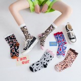 Cute Cotton Women's Socks Love Jacquard Leopard Print Sweat-Absorbent Breathable Ladies Flower Sock