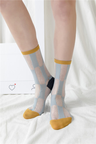 Women Socks Patchwork Plaid Series Sheer Mesh Glass Silk Socks Ultrathin Transparent Crystal Lace Summer Long Socks