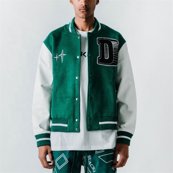 OEM custom patches chenille embroidery genuine leather virgin wool baseball letterman varsity jacket for men