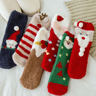 2021 Cartoon Socks Coral Fleece Socks For The Elderly Christmas Socks Elk In Tube Floor Warm Christmas