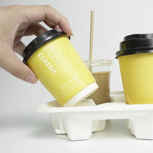 4 Compartments Eco-friendly Biodegradable Takeaway Disposable Drink Sugarcane Pulp Paper Cold Coffee Cup Tray
