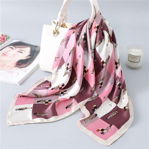 Silk scarf plaid color matching female small square scarf cartoon portrait thin section wild neck Silk scarf decoration