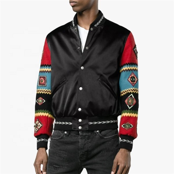 OEM custom logo patch  embroidered bomber wool print varsity baseball jacket for men