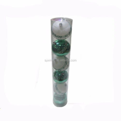 8cm shiny peacock green/matt white plastic christmas ball with musical notes painting