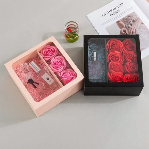 Square Gift Storage Paper Box Transparent Love Flower Paper Box With PVC Clear Window
