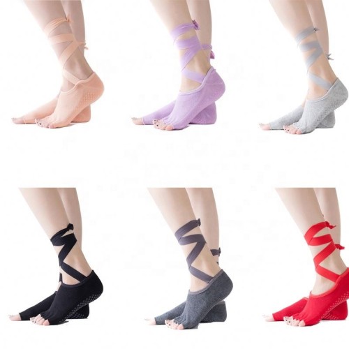 Wholesale Women With Grip And Non Slip Toeless Half Toe Socks for Ballet Pilates With Long Lace Dance Yoga Socks