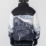 OEM Custom winter all over full cover printed bubble padded down puffer jacket for men