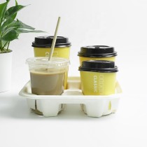4 Compartments Eco-friendly Biodegradable Takeaway Disposable Drink Sugarcane Pulp Paper Cold Coffee Cup Tray