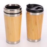 Custom 450ml stainless steel inside bamboo direct drinking coffee vacuum tumbler cup with lid