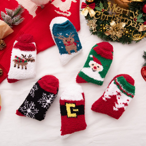 Ladies New Coral Fleece Warm Thickening Half Fleece Elk Christmas Snowflake Christmas Socks