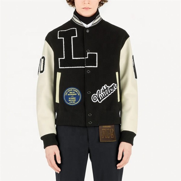 OEM custom patches chenille embroidery  virgin wool genuine leather sleeves baseball letterman varsity jacket for men